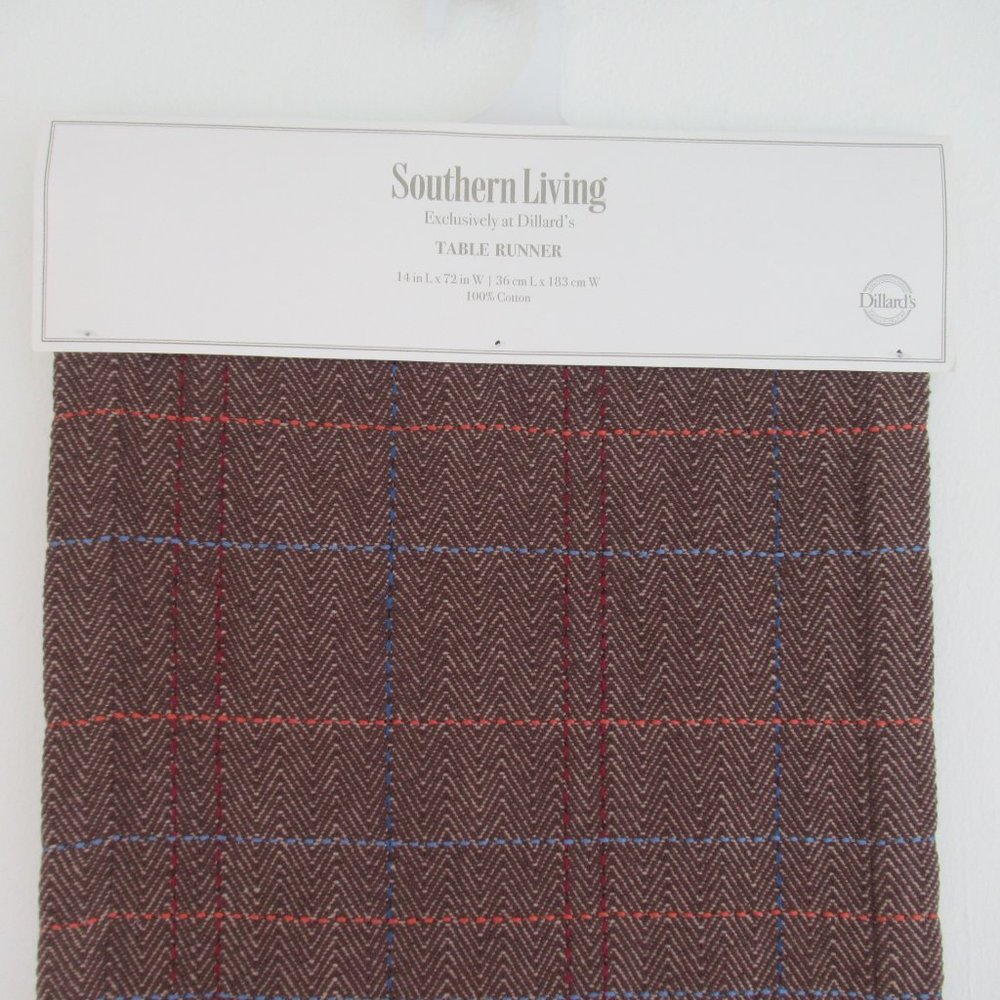 New Southern Living Table Runner 100% Cotton 14” x 72” Chevron Plaid Brown Multi